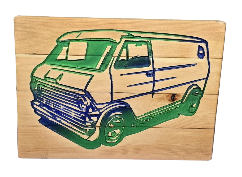 TK Wood Designs reclaimed wood sign featuring a blue and green carved van. Rustic industrial decor.