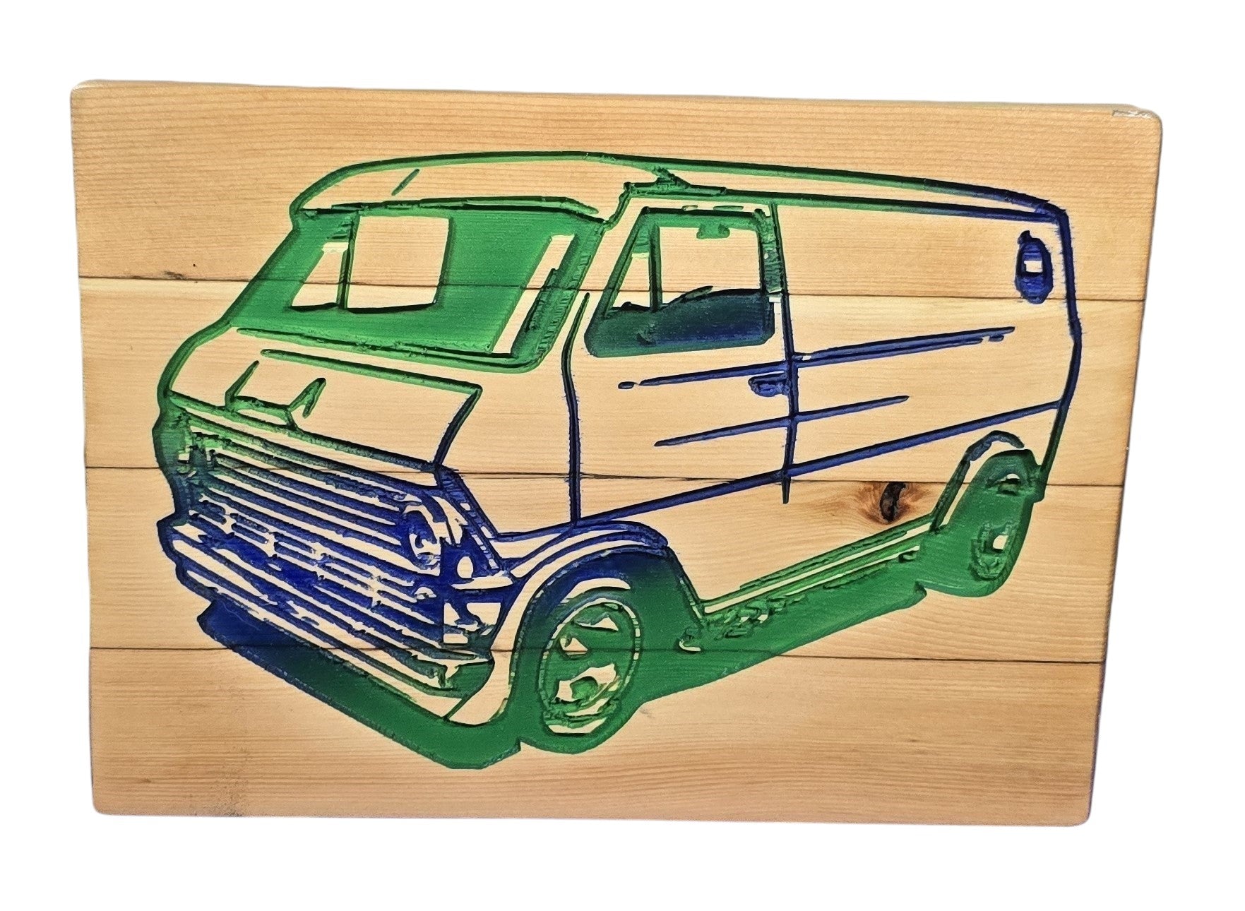 TK Wood Designs reclaimed wood sign featuring a blue and green carved van. Rustic industrial decor.