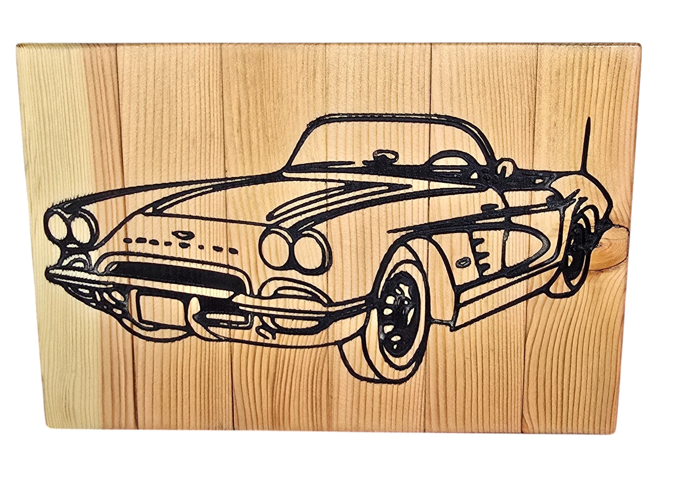 TK Wood Designs vintage convertible sports car wood carving wall art. Natural wood with black carved outline.