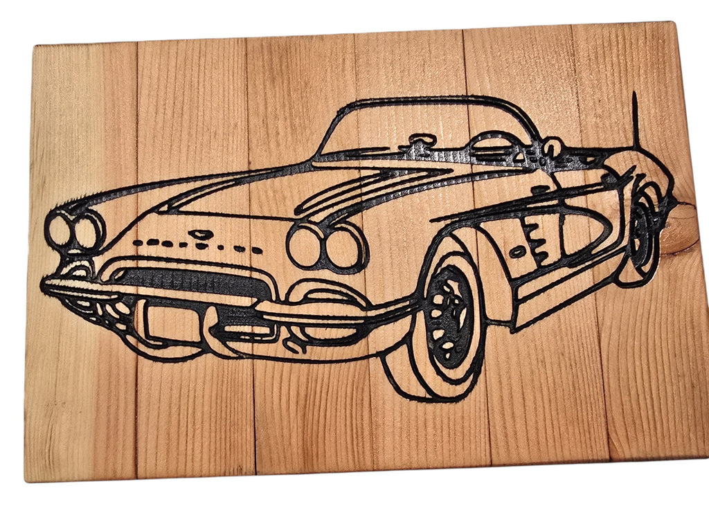TK Wood Designs vintage sports car wood carving wall art. Detailed carving on natural wood.