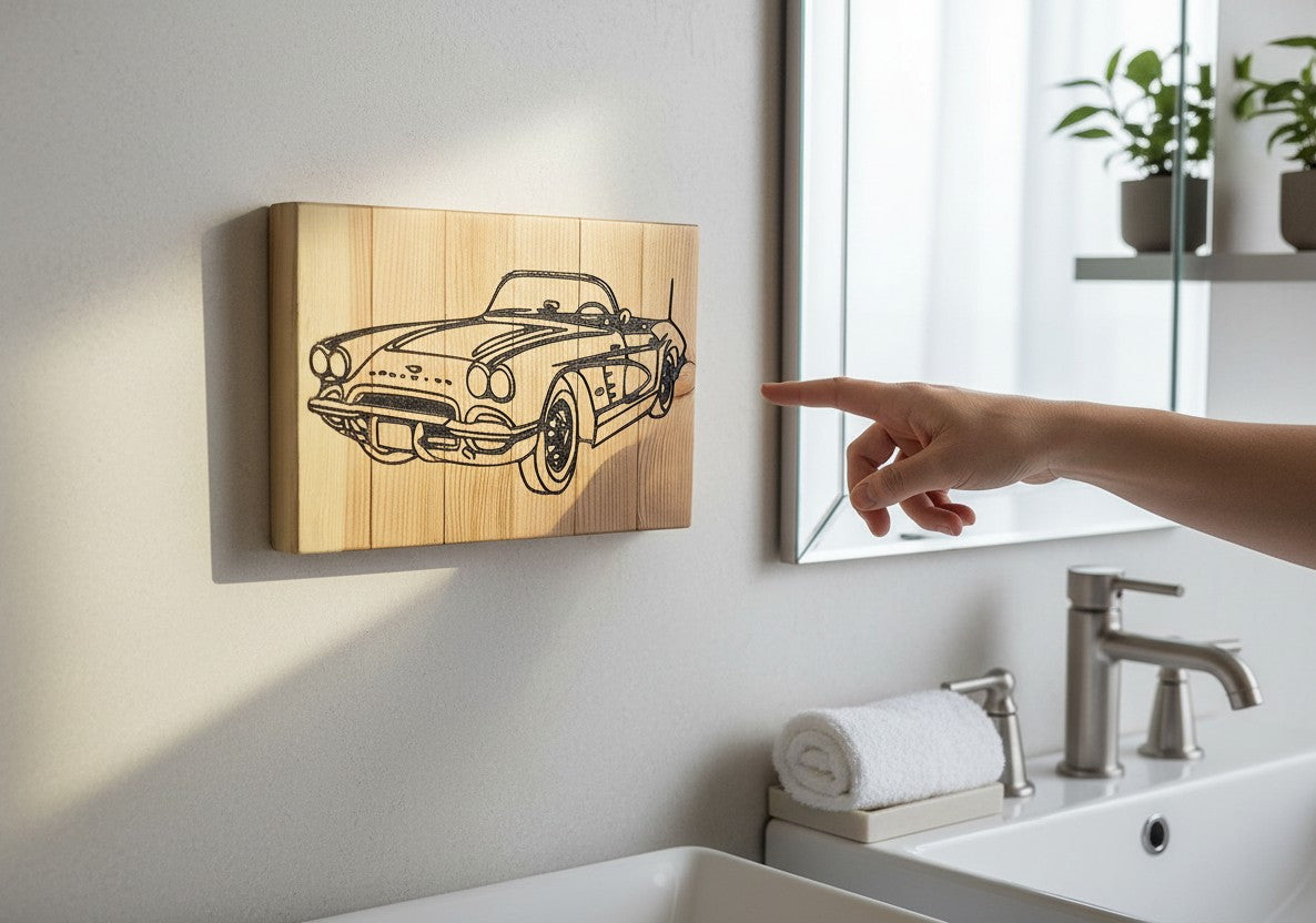 TK Wood Designs vintage sports car wood carving wall art. Detailed black outline on natural wood.