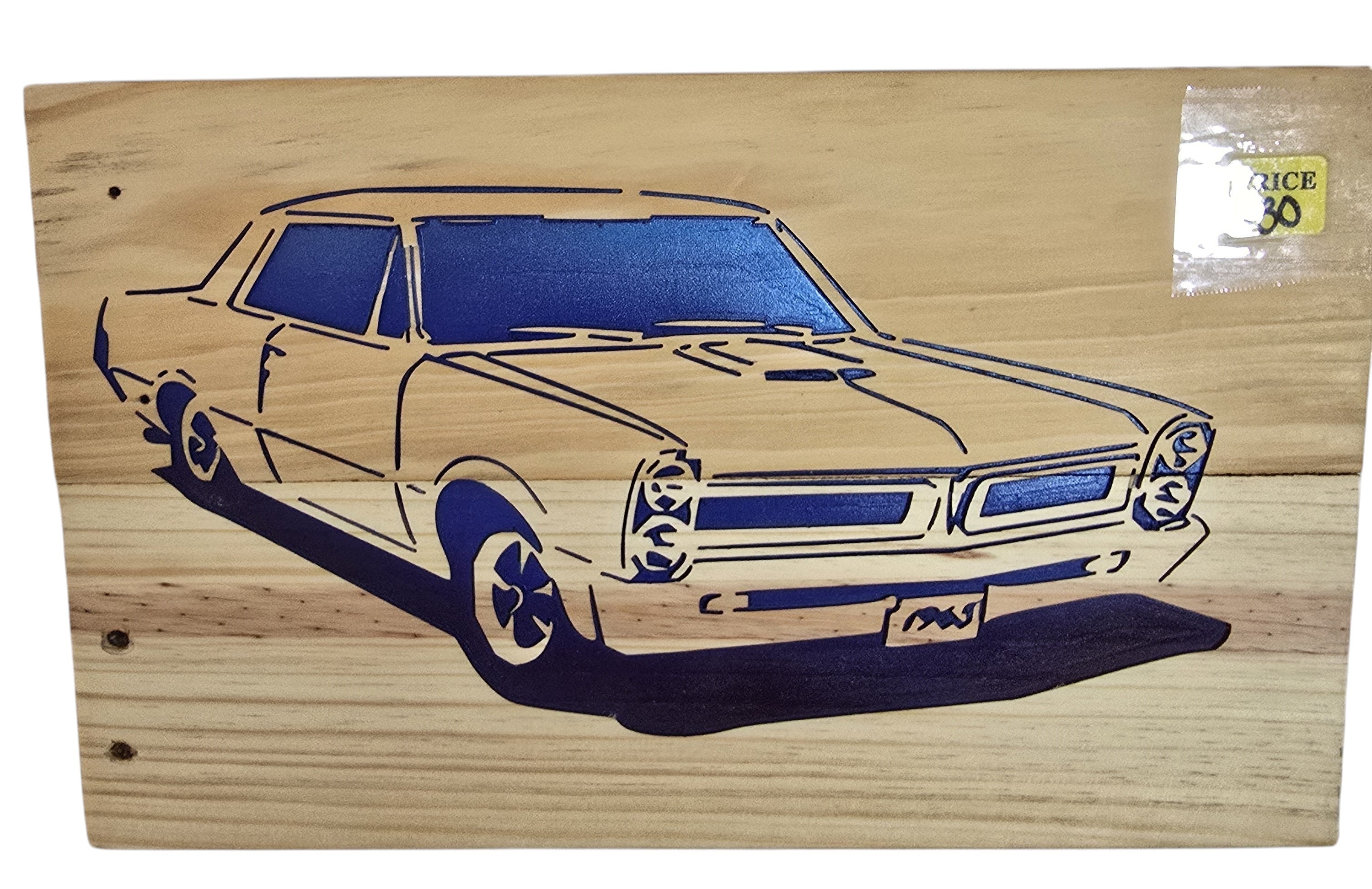 TK Wood Designs vintage car wood wall art with blue accents. Natural wood with carved car silhouette.
