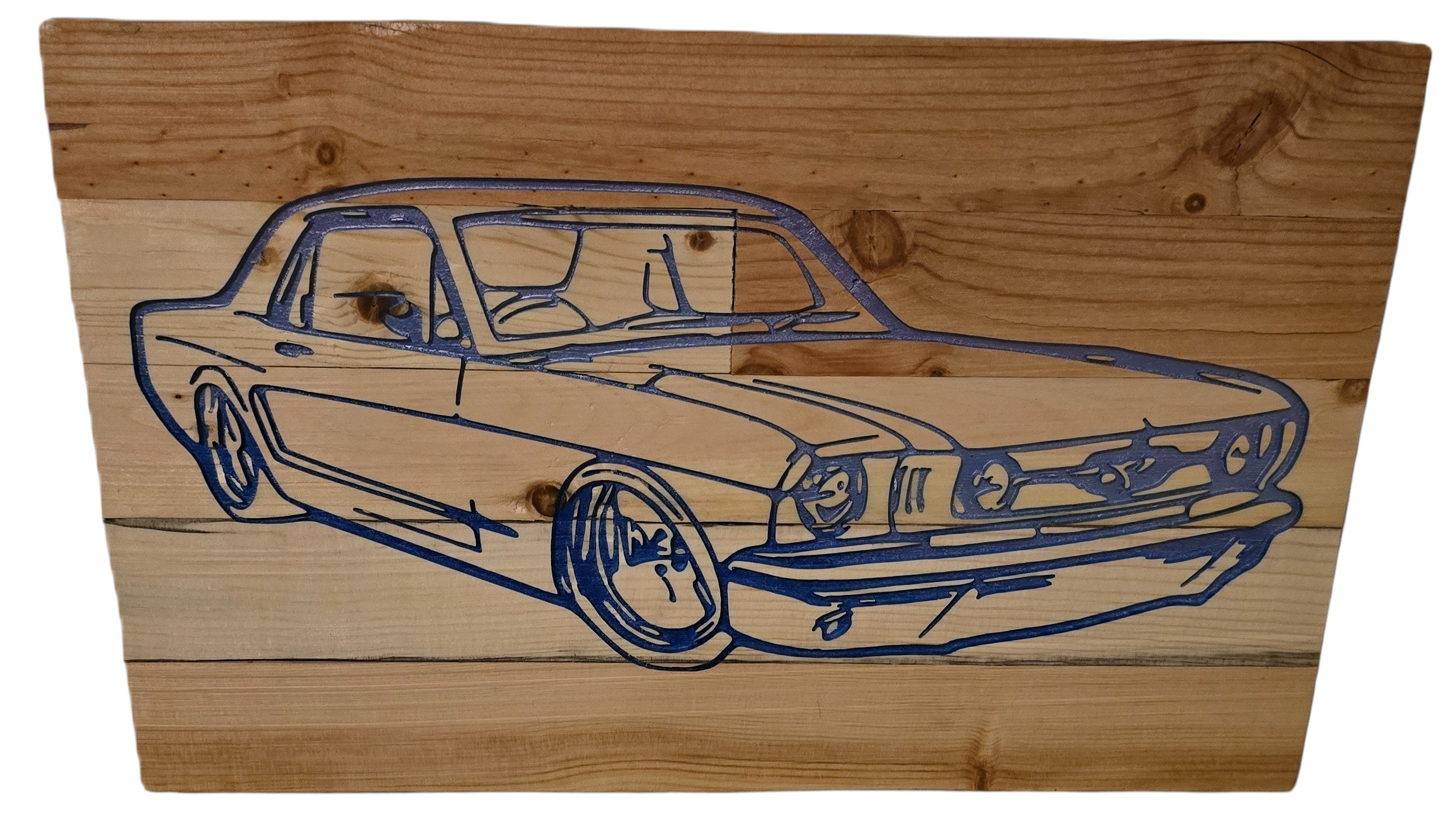TK Wood Designs vintage car wood wall art, blue outline on natural wood panel. Retro automotive decor.
