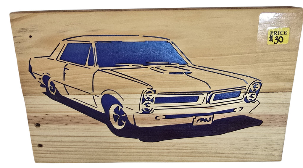TK Wood Designs vintage car wood wall art, natural wood with blue accents, retro automotive decor.