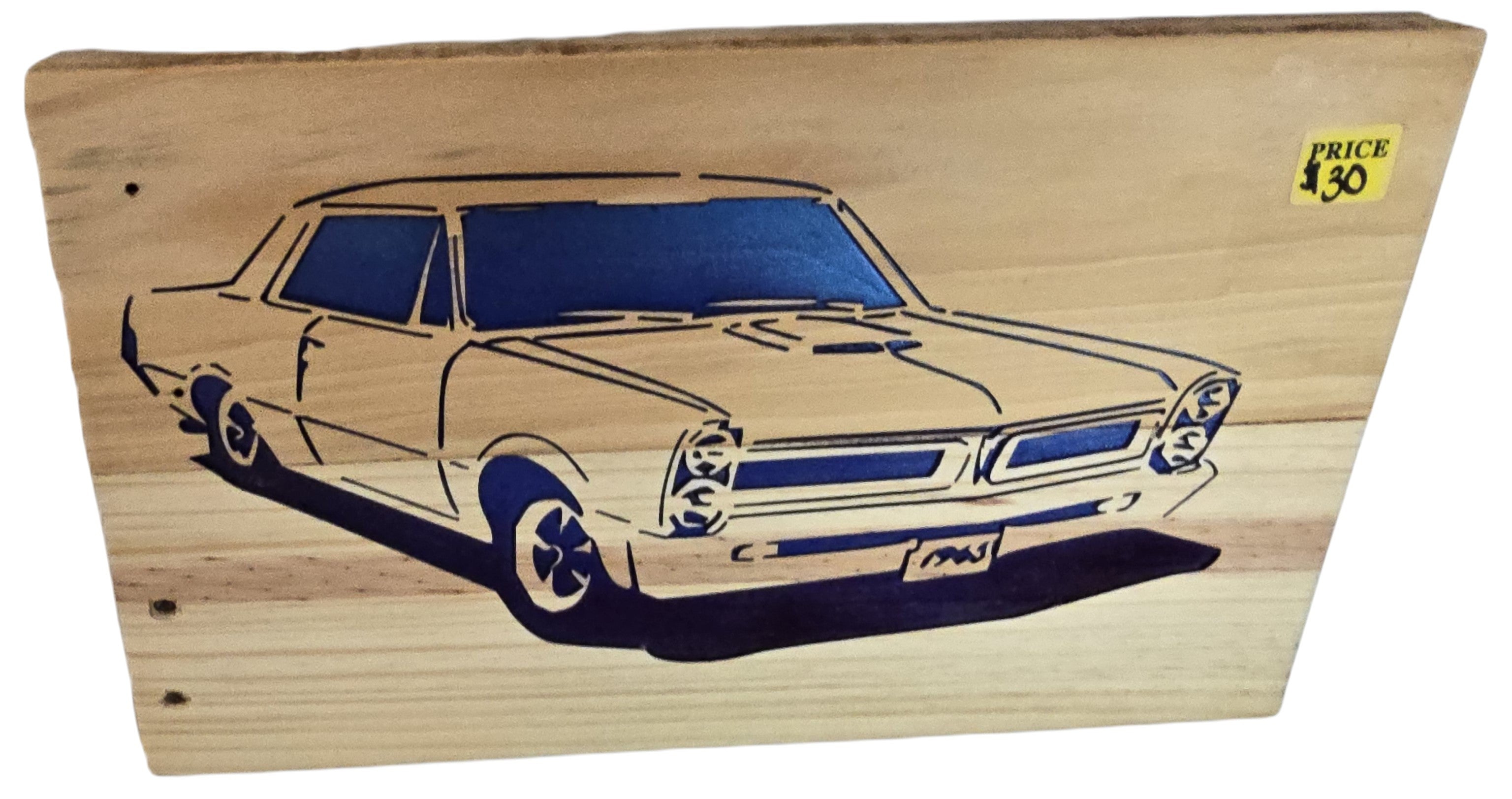 TK Wood Designs vintage car wood wall art with blue accents. Rustic, natural wood.