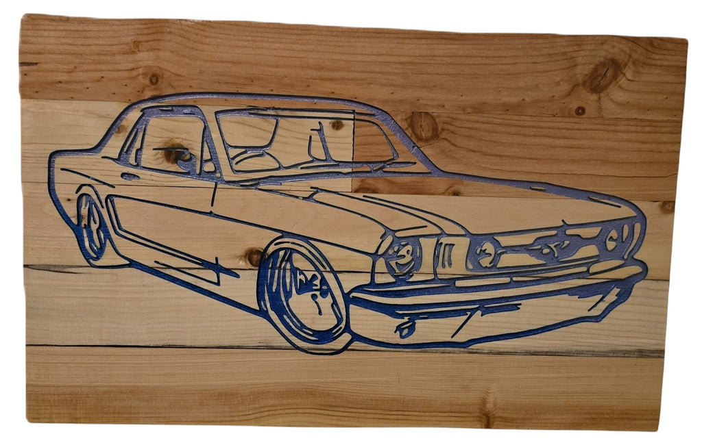TK Wood Designs vintage car wood wall art, natural wood with blue outline of a classic coupe.