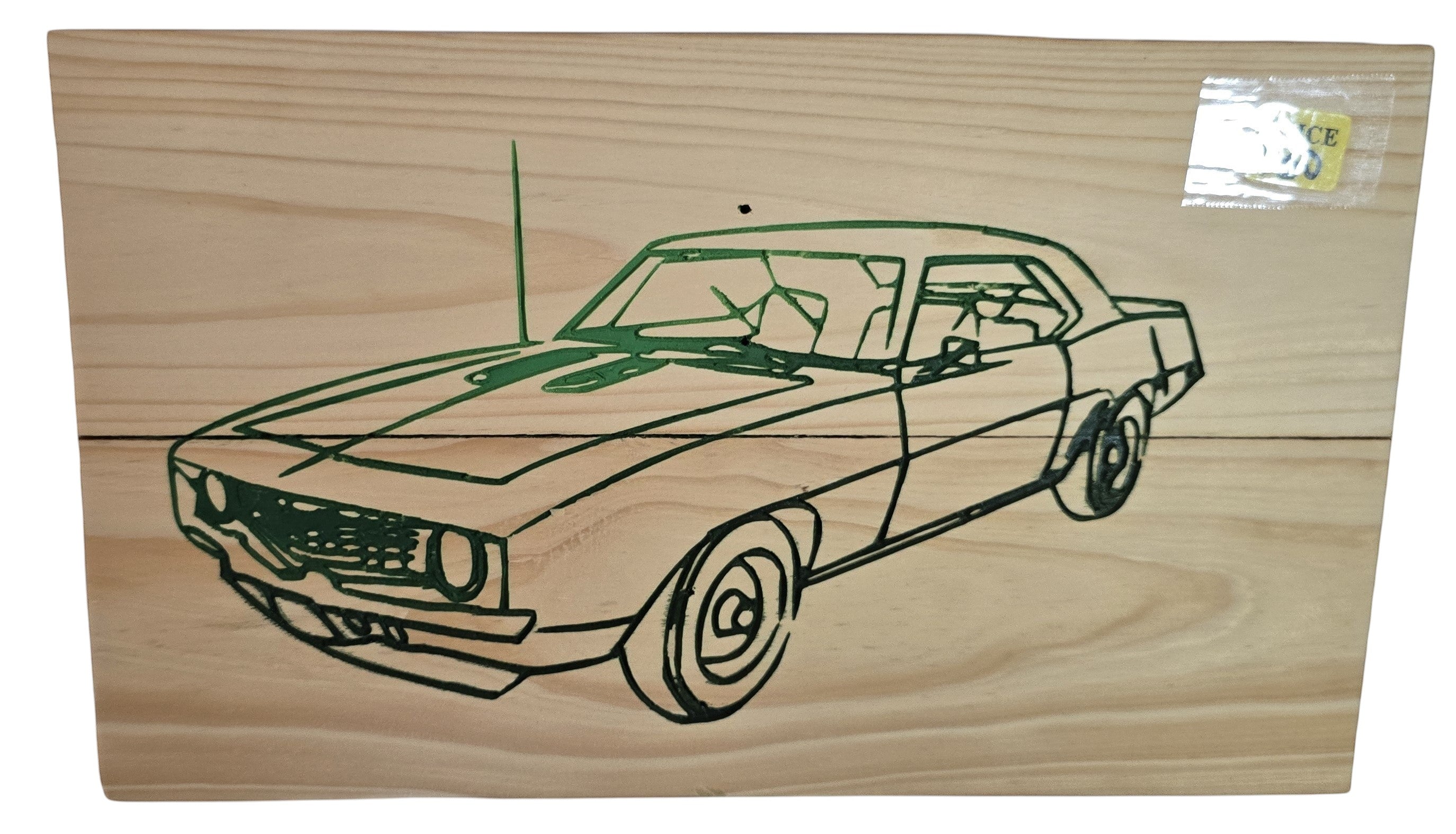TK Wood Designs vintage muscle car wood wall art, laser-etched on natural wood. Retro automotive decor.