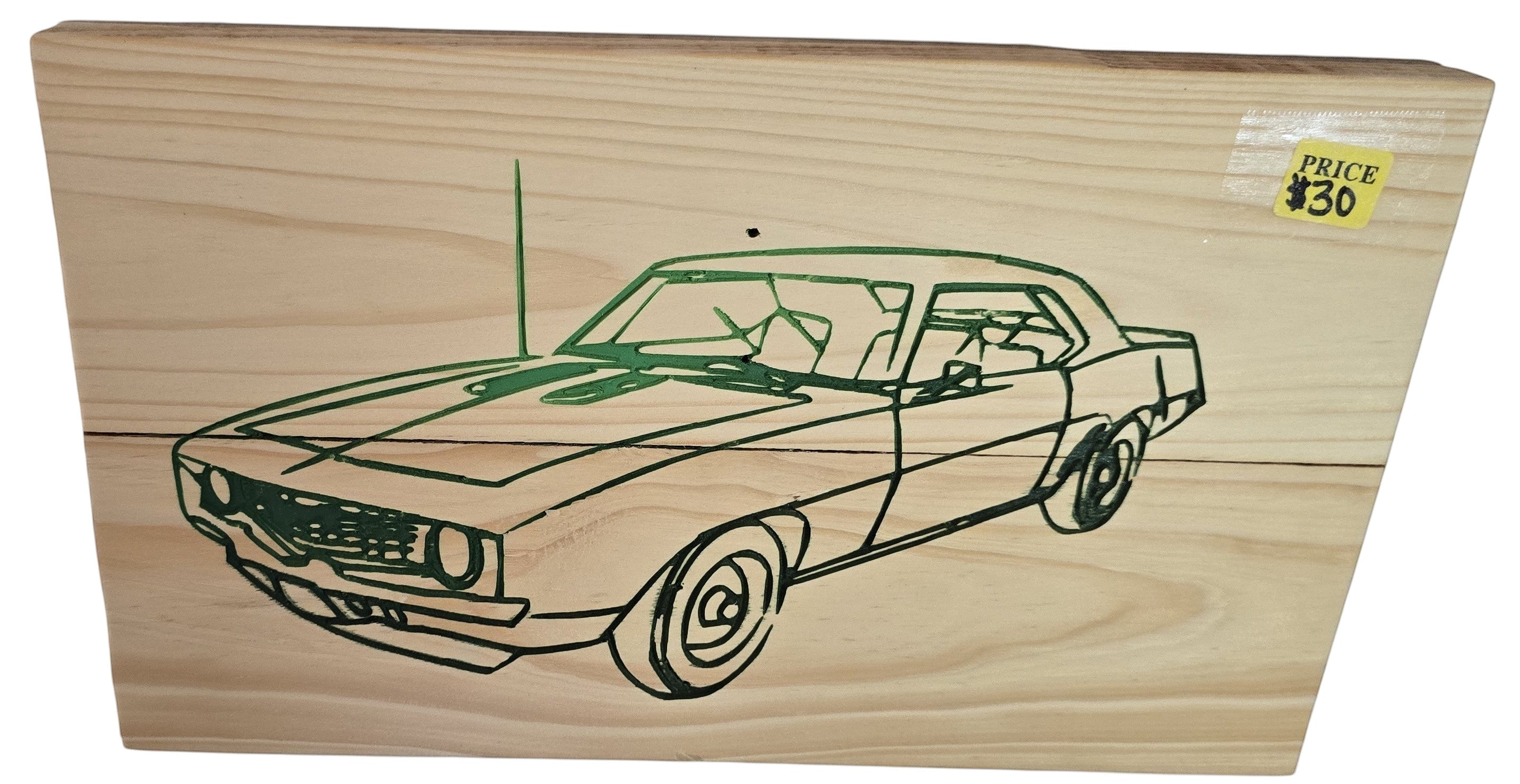 TK Wood Designs natural wood wall art featuring a laser-etched vintage muscle car in green outline.
