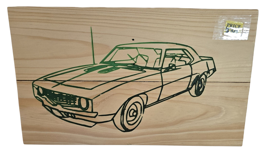 TK Wood Designs natural wood wall art featuring a laser-etched vintage muscle car in green.