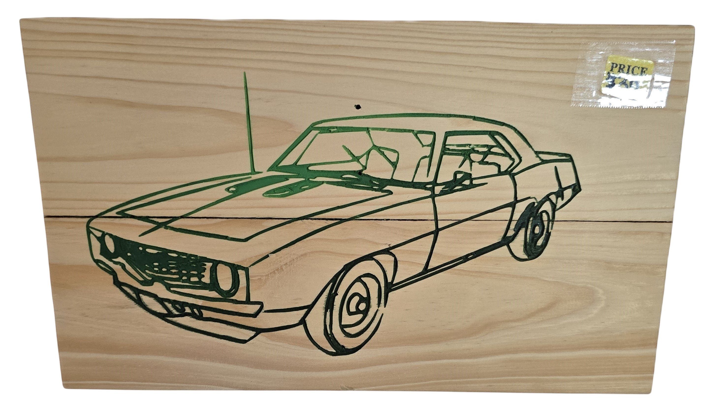 TK Wood Designs natural wood wall art featuring a laser-etched vintage muscle car in green.
