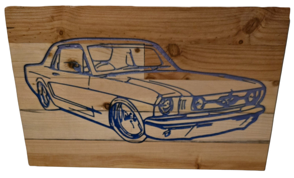 TK Wood Designs vintage car wood wall art, blue outline on natural wood.