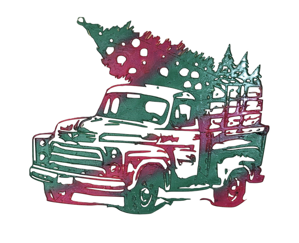 TK Wood Designs vintage Christmas truck wall art with trees, red and green distressed finish.