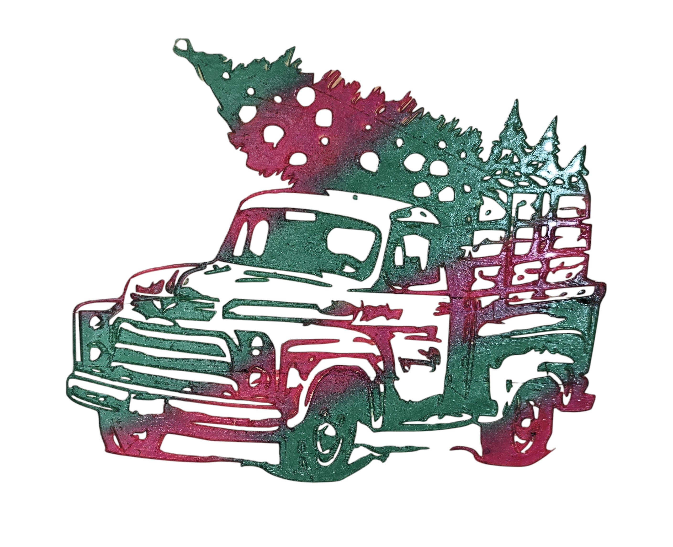 TK Wood Designs vintage Christmas truck wall art with trees, red and green distressed finish.