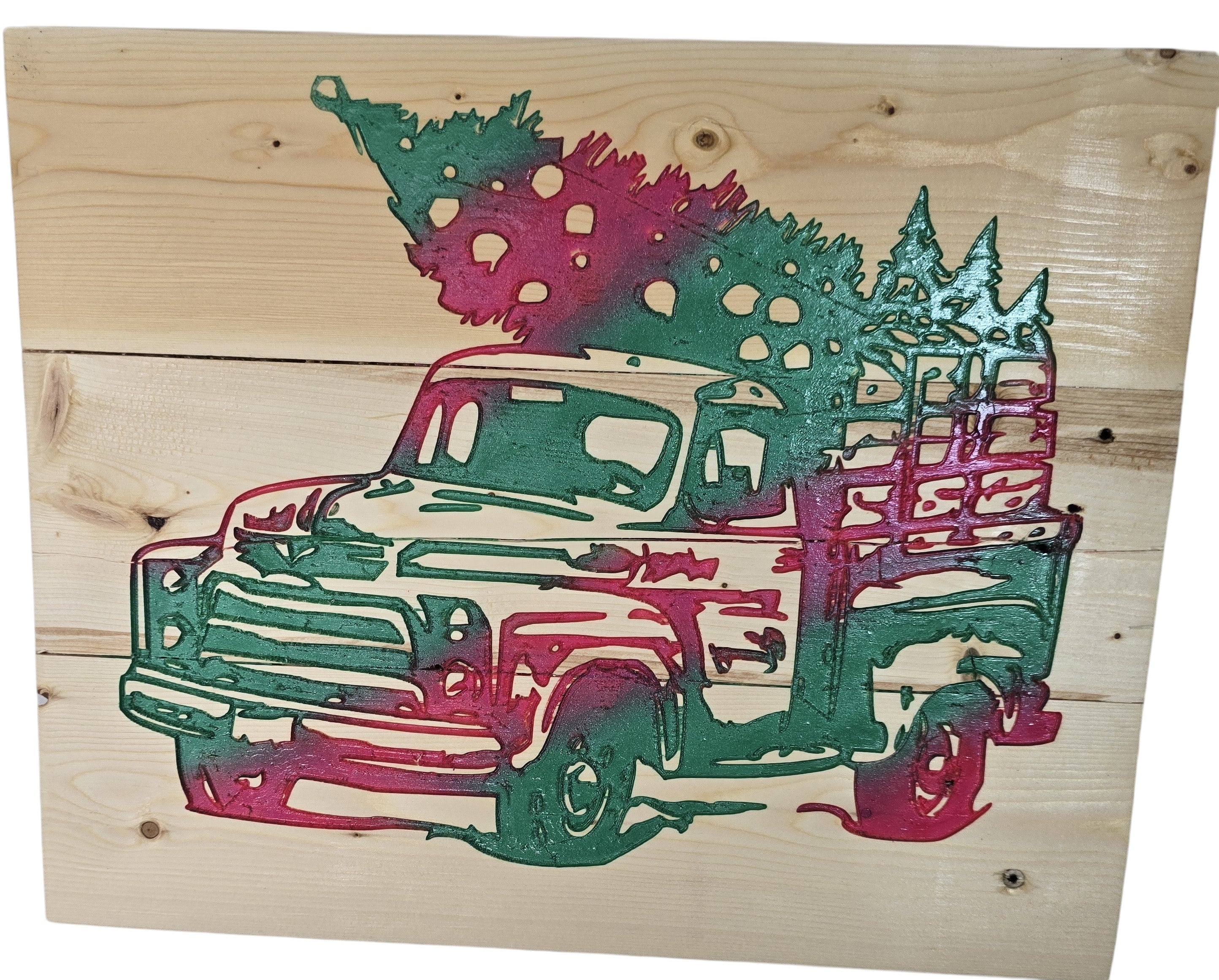 TK Wood Designs vintage Christmas truck wood wall art with red and green trees.