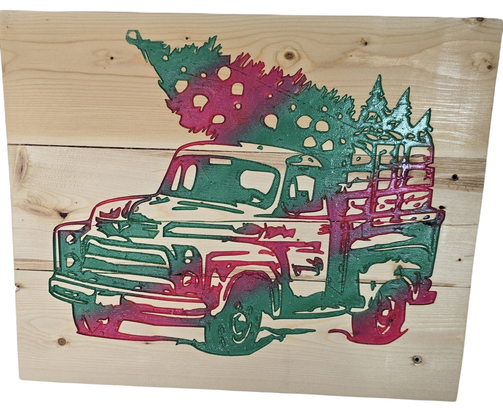 TK Wood Designs vintage Christmas truck wall art with red and green trees on wood planks.