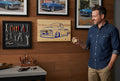 TK Wood Designs vintage pickup truck art on wood. Blue outline of a classic truck with lowered suspension.