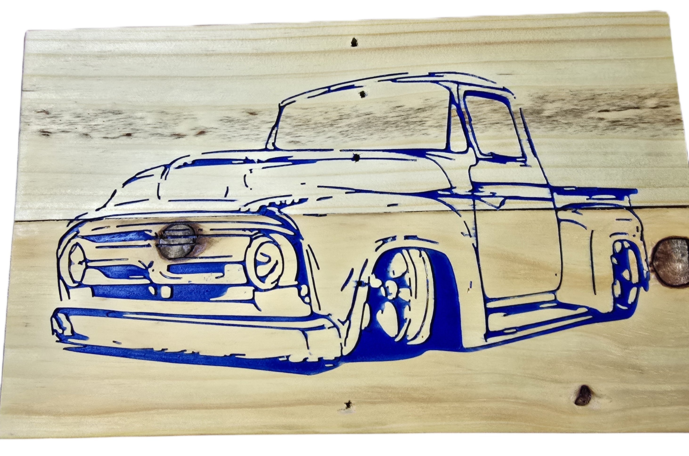 TK Wood Designs vintage pickup truck art on wood. Blue outline of a classic truck with lowered suspension.