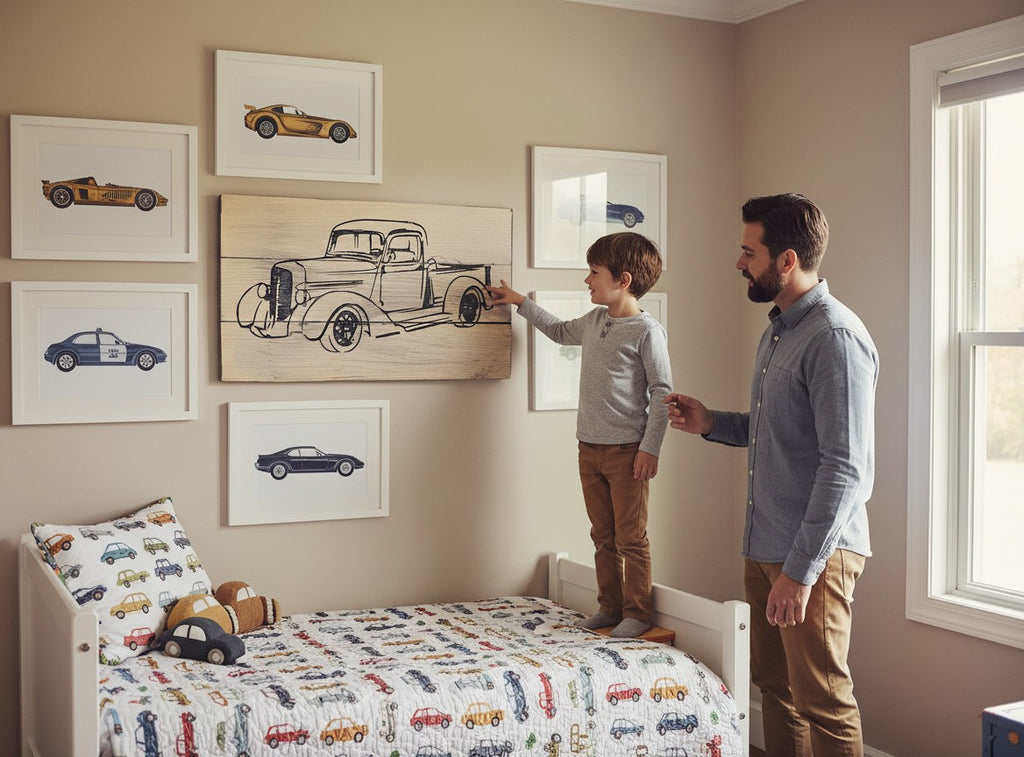 TK Wood Designs handmade reclaimed wood art featuring a black line drawing of a vintage pickup truck.