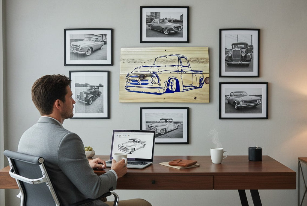 TK Wood Designs rustic wood sign featuring a blue outline of a vintage pickup truck with lowered suspension.