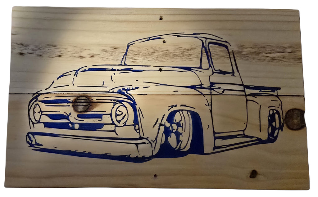 TK Wood Designs rustic wood sign featuring a blue line drawing of a vintage pickup truck.