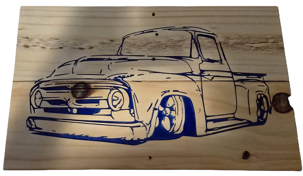 TK Wood Designs vintage blue pick-up truck wood sign. Reclaimed wood with pyrography art.