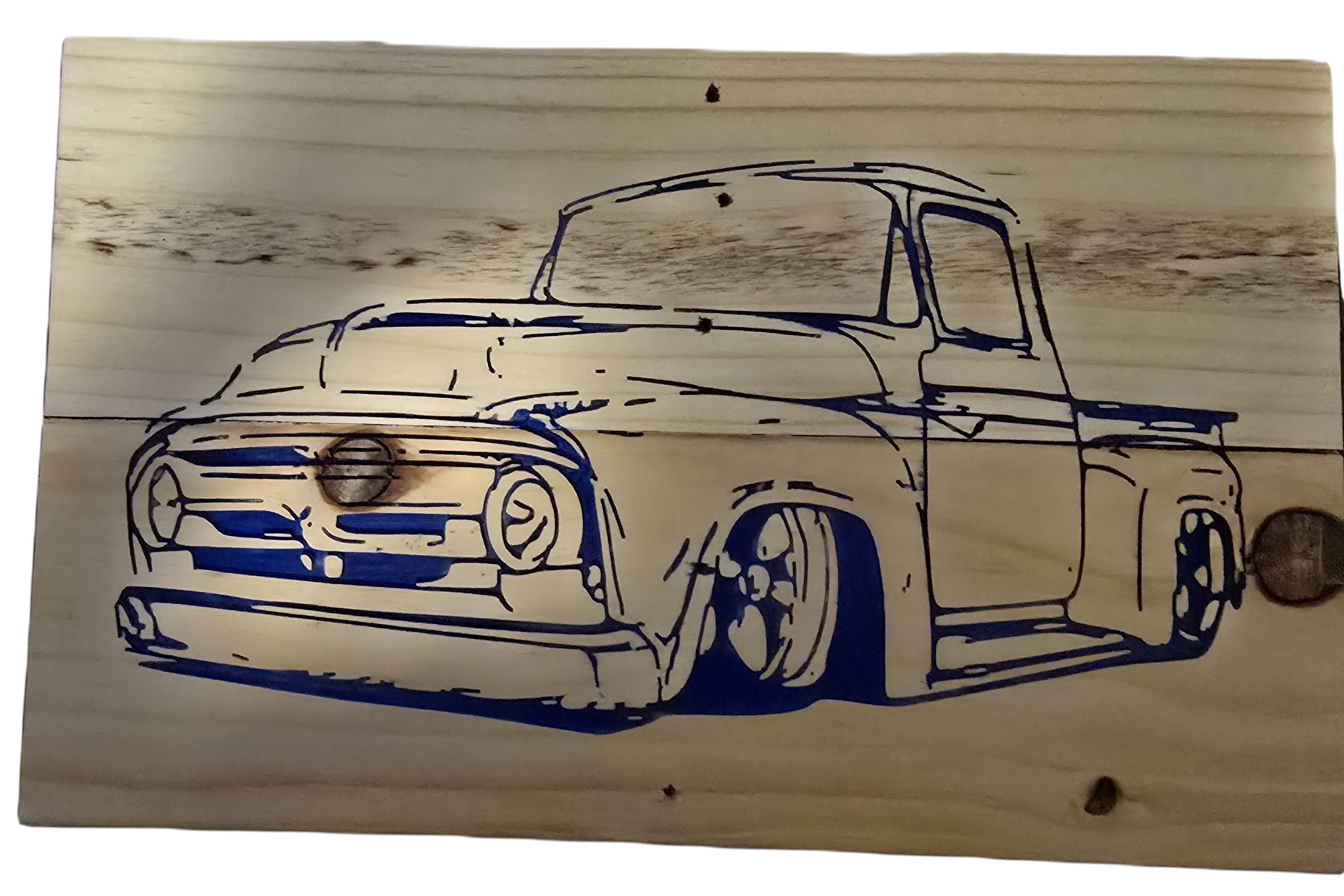 TK Wood Designs rustic wood sign featuring a blue outline of a vintage pickup truck with lowered suspension.