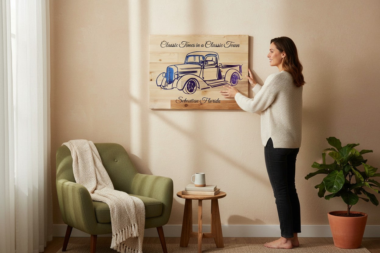 TK Wood Designs wooden sign with a blue and purple vintage truck and "Classic Times in a Classic Town Sebastian Florida" text.