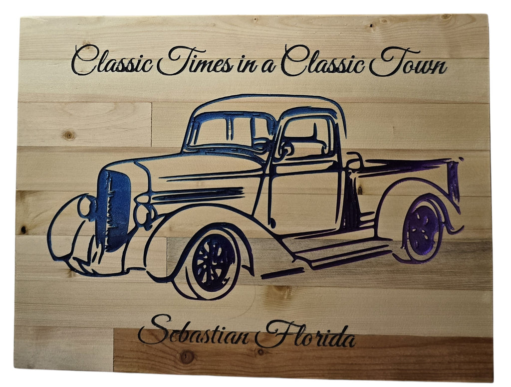 TK Wood Designs wooden sign with a blue and purple vintage truck and text "Classic Times in a Classic Town Sebastian Florida".