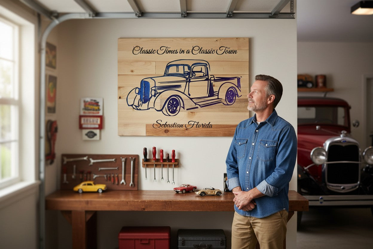 TK Wood Designs wooden sign with carved blue and purple vintage truck and text "Classic Times in a Classic Town Sebastian Florida"