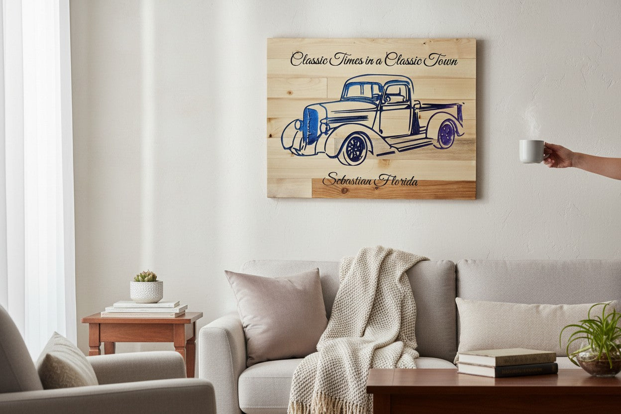 TK Wood Designs wooden sign with carved blue and purple vintage truck and text "Classic Times in a Classic Town Sebastian Florida"