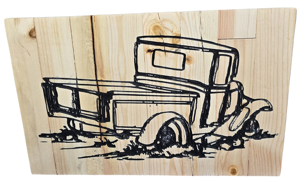 TK Wood Designs rustic vintage truck wood art, hand-drawn illustration on natural wood planks.