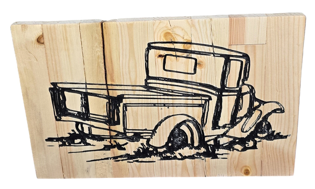 TK Wood Designs rustic vintage truck wood art, hand-drawn illustration on natural wood planks.