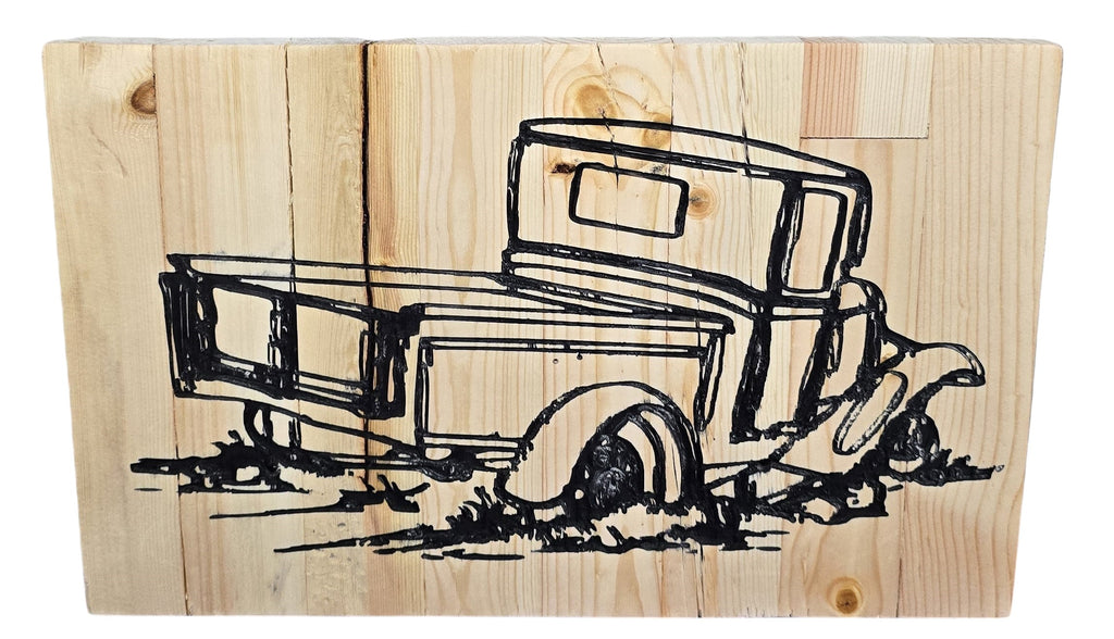 TK Wood Designs rustic vintage truck wood art, hand-drawn illustration on natural wood planks.
