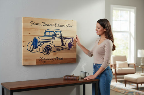 TK Wood Designs wooden sign with a blue and purple vintage truck and "Classic Times in a Classic Town" text.
