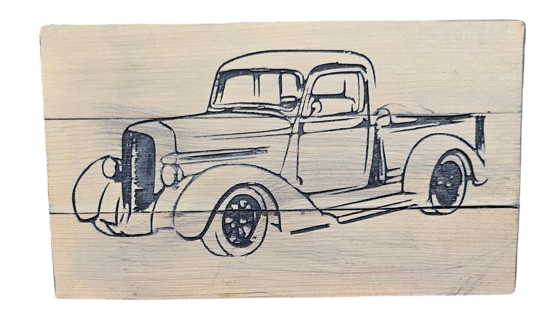TK Wood Designs vintage truck wood wall art, line drawing on natural wood planks, rustic decor.