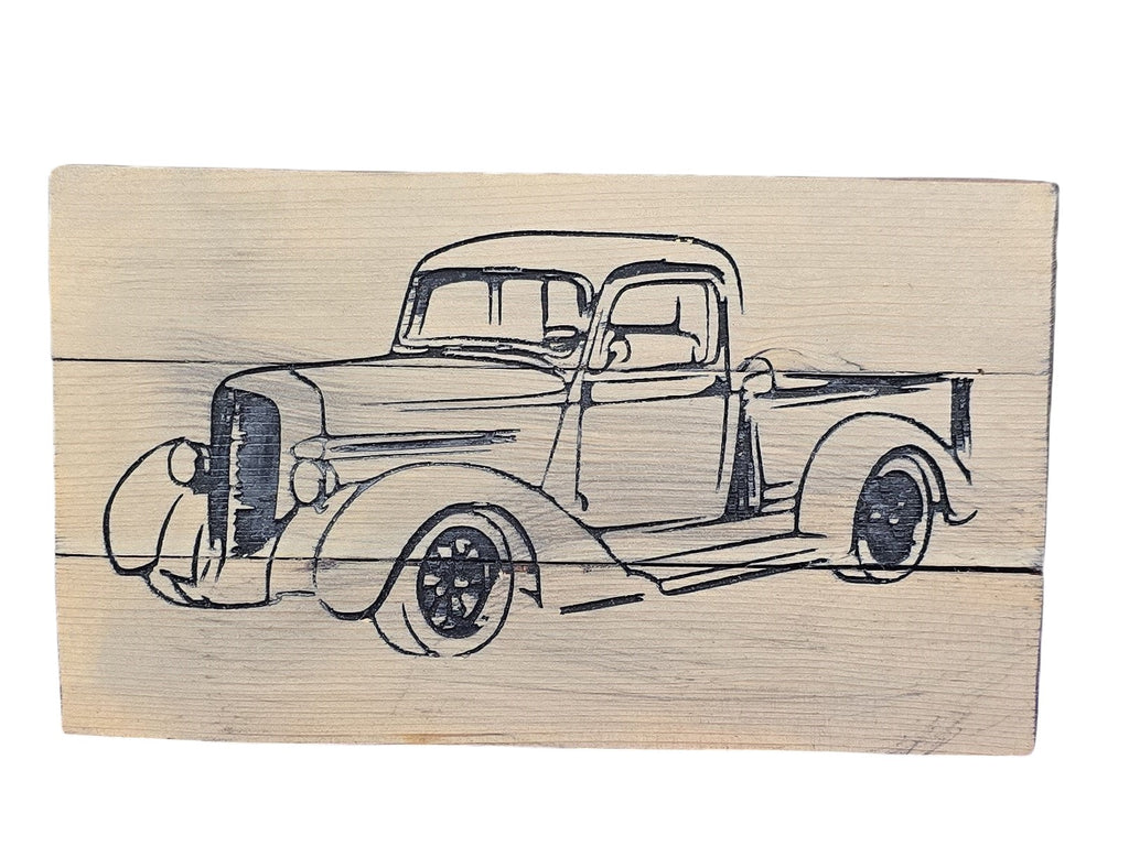 TK Wood Designs vintage truck wood wall art, line drawing on natural wood planks, rustic home decor.