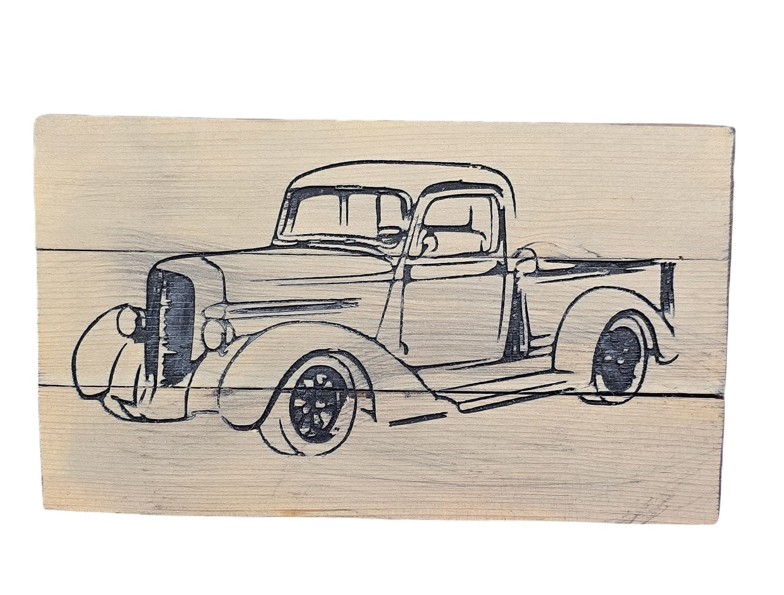 TK Wood Designs vintage truck wood wall art, line drawing on natural wood planks, rustic home decor.