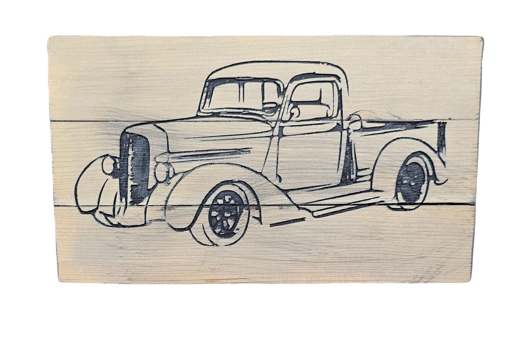 TK Wood Designs vintage truck wood wall art, rustic line drawing on natural wood planks.