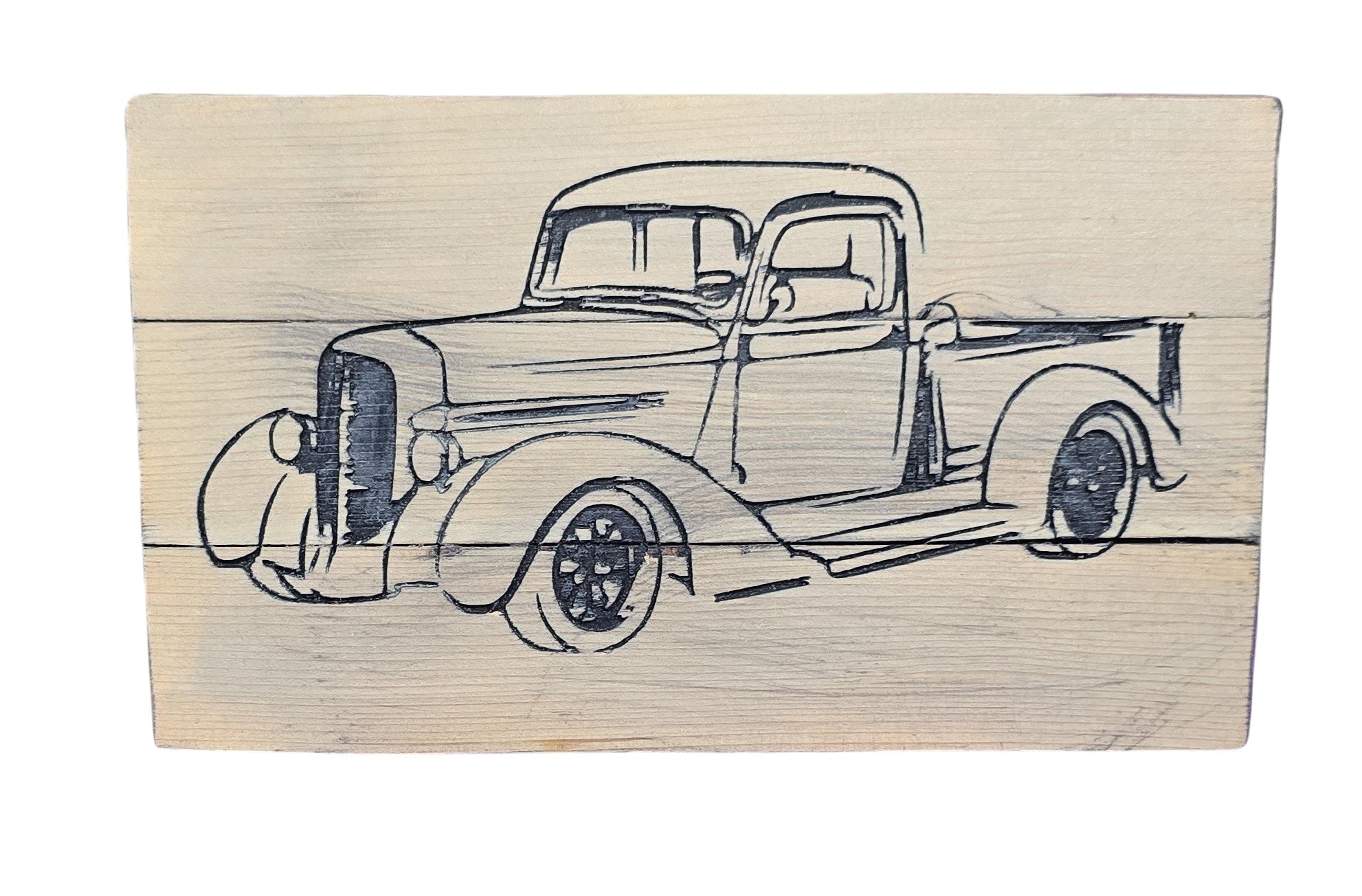 TK Wood Designs vintage truck wood wall art, rustic line drawing on natural wood planks.