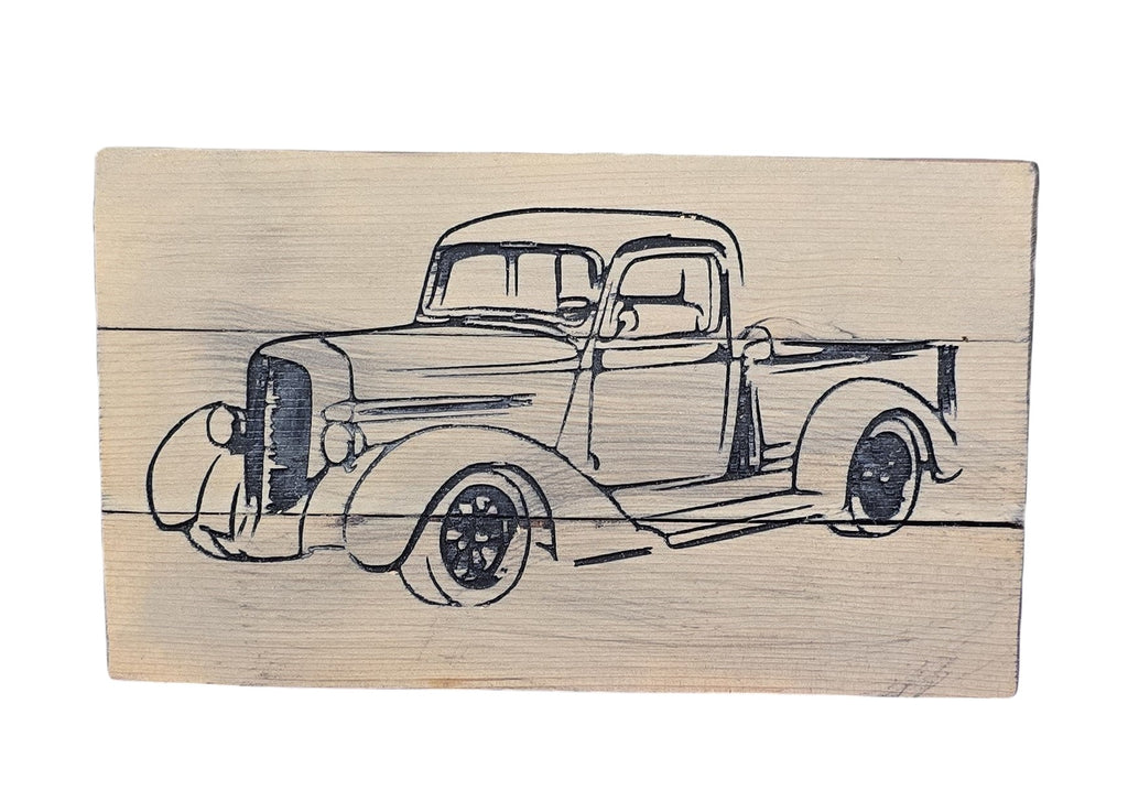TK Wood Designs vintage truck wood wall art, featuring a line drawing of a classic pickup truck on natural wood planks.
