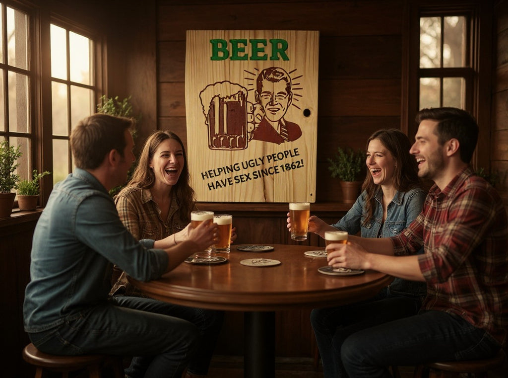 TK Wood Designs vintage wooden beer sign with humorous text hanging in a cozy home bar with friends toasting drinks.