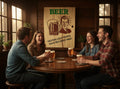 TK Wood Designs vintage wooden beer sign with humorous text hanging in a cozy home bar with friends toasting drinks.