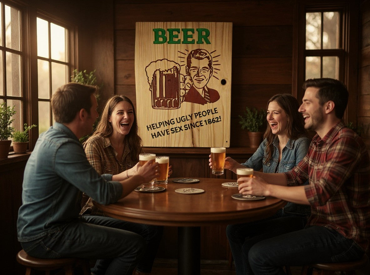 TK Wood Designs vintage wooden beer sign with humorous text hanging in a cozy home bar with friends toasting drinks.