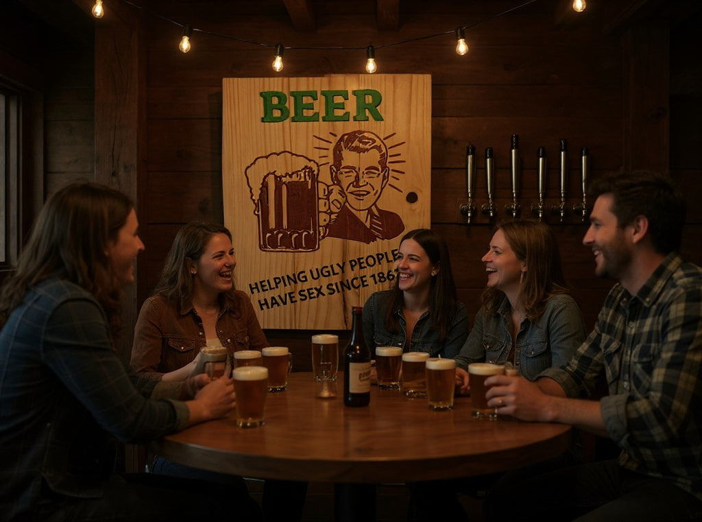 TK Wood Designs vintage wooden beer sign hanging on a rustic wall above a group of friends laughing at a bar table.