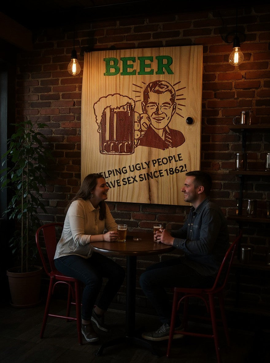 TK Wood Designs vintage wooden beer sign with engraved graphic hanging on a brick wall above a couple in a pub