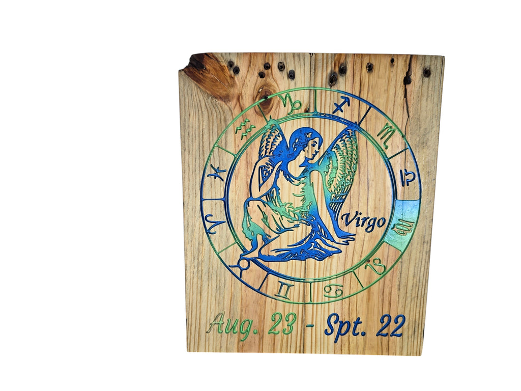 TK Wood Designs handcrafted Virgo zodiac wooden wall plaque with blue and green maiden carving and date range