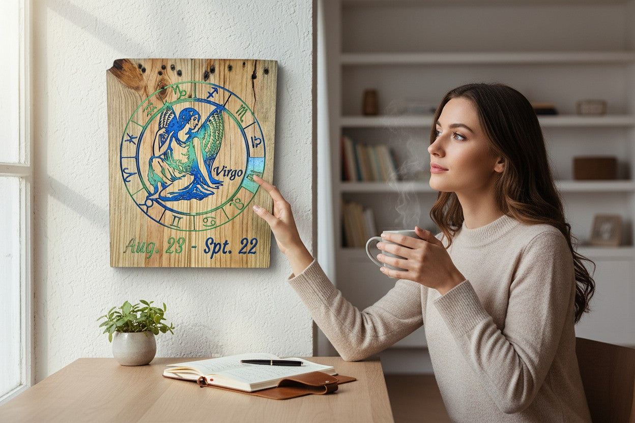 TK Wood Designs handcrafted Virgo zodiac wooden wall plaque with blue and green gradient art on a white wall