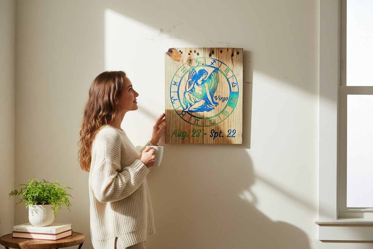 Woman admiring a TK Wood Designs handcrafted Virgo zodiac wooden wall plaque with blue and green gradient details.