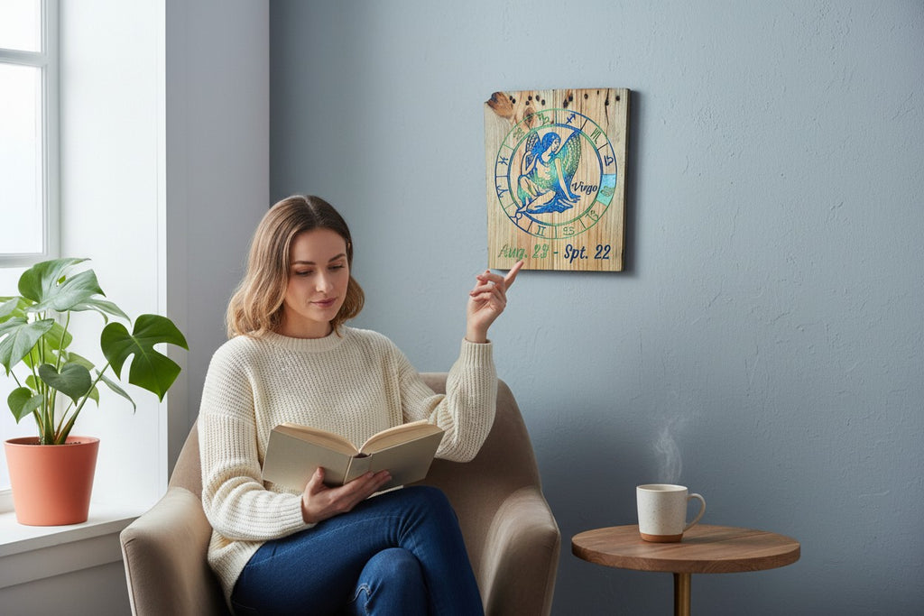 Woman pointing at a TK Wood Designs handcrafted Virgo zodiac wooden wall plaque with blue and green gradient details.