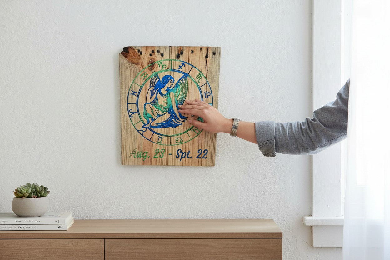 TK Wood Designs handcrafted Virgo zodiac wooden wall art plaque with blue and green maiden design on a white wall.